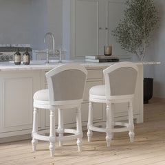 26" Wood Barrel-Back Counter-Height Bar Stool with Swivel and Upholstered Seat and Back, Farmhouse White with Light Gray Seat and Back, 1PC