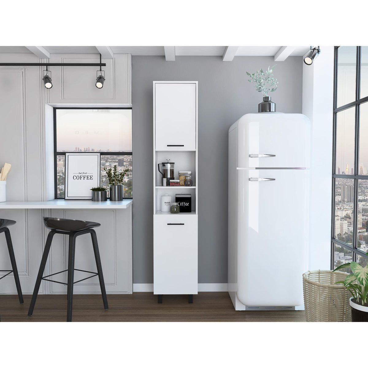 Hephaestus Pantry, Four Legs, Three Interior Shelves, Two Shelves, Two Cabinets -White