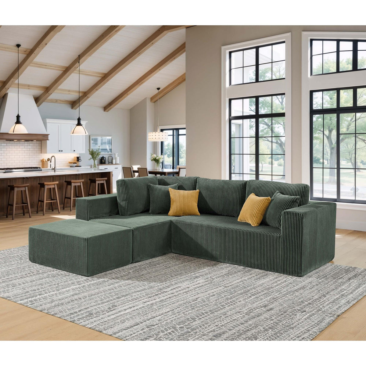 Full Compressed Corduroy Upholstered Sectional with Moveable Ottoman - No Assembly Needed