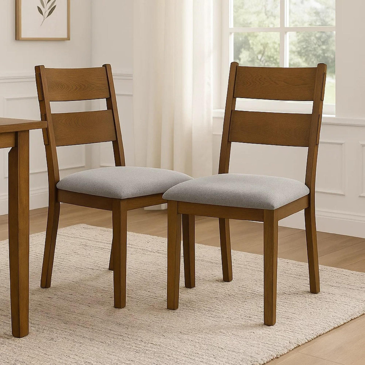 Oasis Dining Chair Set of 2, Gray Padded Fabric Seat, Brown Wood Legs