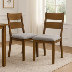 Oasis Dining Chair Set of 2, Gray Padded Fabric Seat, Brown Wood Legs