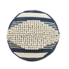 Log Handcrafted Fabric Cylindrical Pouf, White and Dark Blue