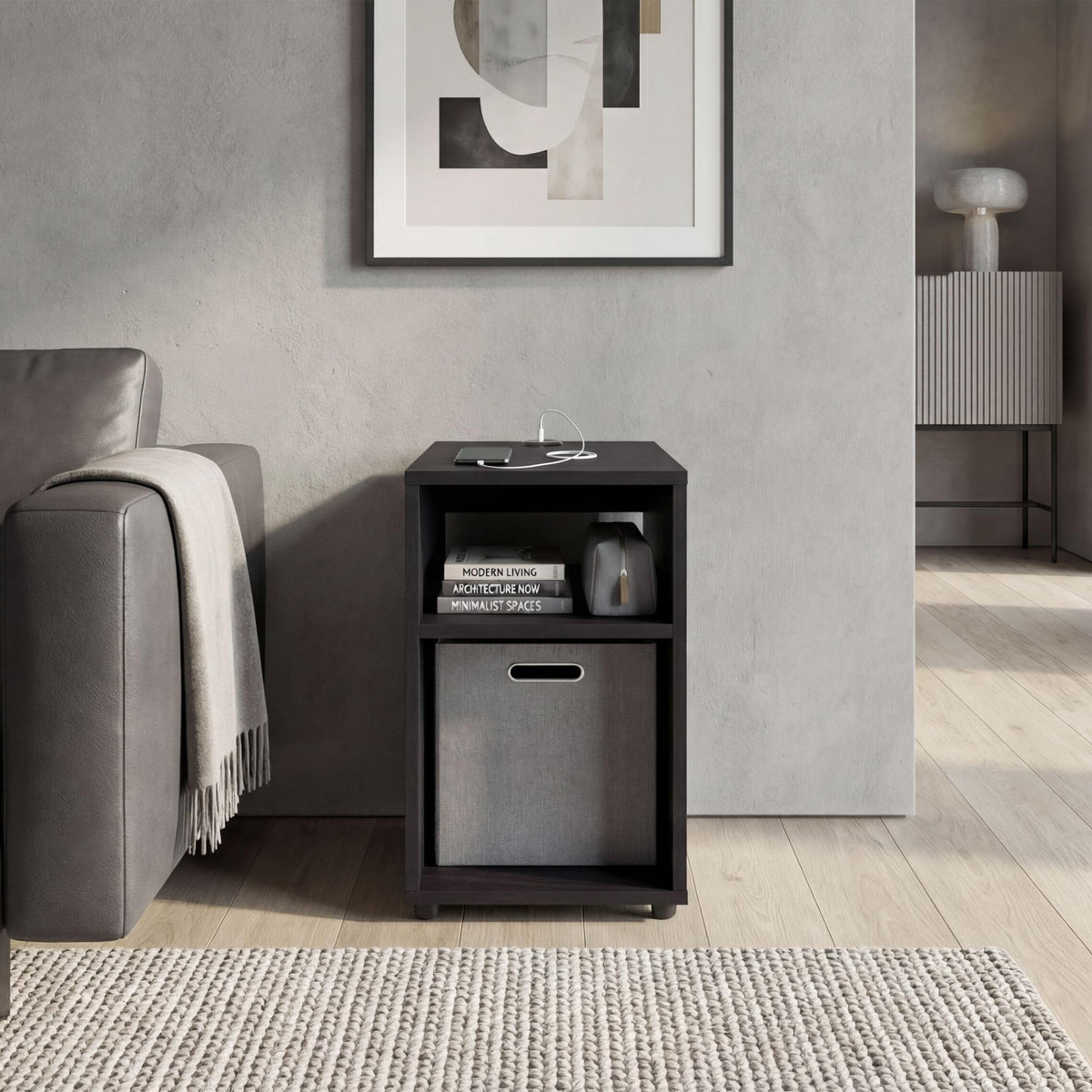 Symphony Lite Side Table and Nightstand with Integrated USB Charging Station and 2 Open Storage Shelves, Compact Side Table