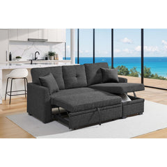 76.5" Linen Blend Upholstered Sectional with Pull-Out Bed and Chaise Storage