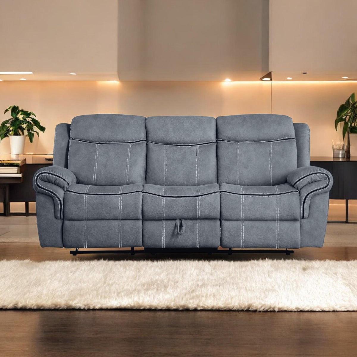 Haven Two Tone Gray Velvet Recliner Sofa w/USB Port & Drop Down Table