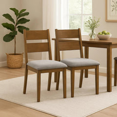 Oasis Dining Chair Set of 2, Gray Padded Fabric Seat, Brown Wood Legs