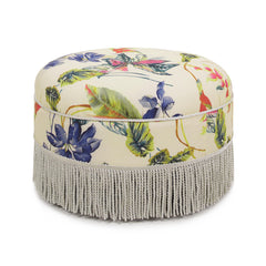 Planet 24" Round Upholstered Accent Ottoman, Beige & Tropical Floral with Ivory Trim