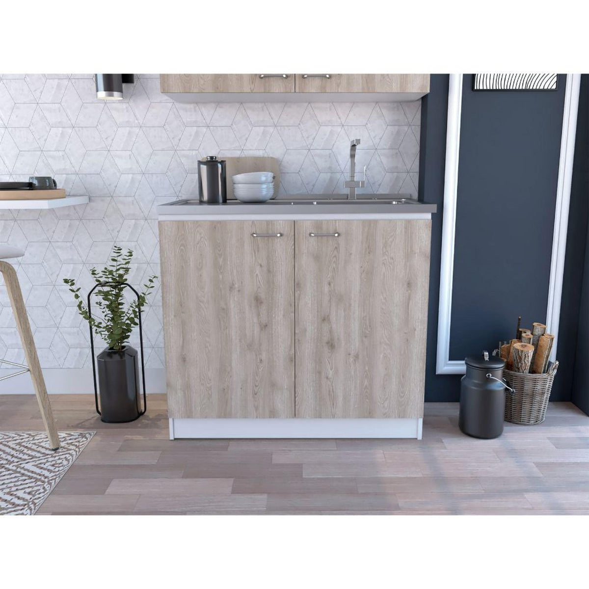 Theseus Rectangle 2-Door Utility Sink and Cabinet White and Light Gray