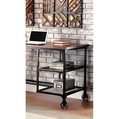 Industrial Inspired Desk With An Antique Black Metal Construction Replicated Wood Top And Caster Wheel Accents
