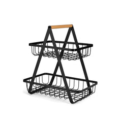 Aura tier fruit basket metal modern with wooden handle flat metal design black