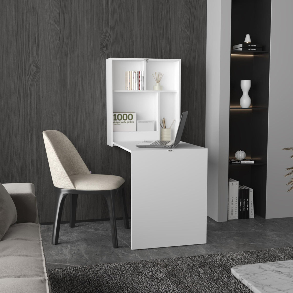 Jupiter 33" Wide x 23" Deep folding Table with Four Shelves, Floating Table, Retractable Table, Floating Desk, Ironing Table White