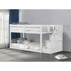 Transitional Style Twin Over Twin Low Bunk Bed Reversible Storage Drawers Staircase White Finish Mattress Ready Bedroom Furniture