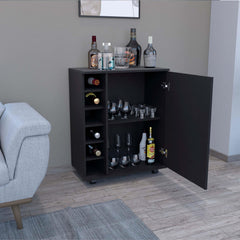 Bar -coffee cart 32" H, Kitchen or living room cabinet storage with  4 wheels, with 6 bottle racks, a central shelf covered by 1 door, ideal for storing glasses and snacks, Black