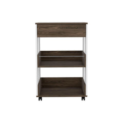 Modern Kitchen Cart 35" H, Four Casters, Three Shelves, White / Dark Walnut