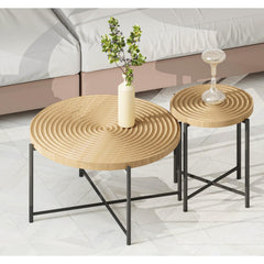 2-Piece Coffee and End Table Set – Waterproof MDF with PVC Cover, Distressed Cylindrical Design, Black Metal Legs – Classic Rustic Charm, Technical Wood