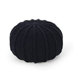 Poseidon Knitted Cotton Round Pouf, Dark Blue