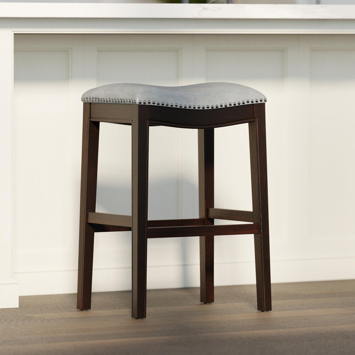 Story H Bar-Height Wood Barstool with Gray Faux-Leather Seat, 1PC