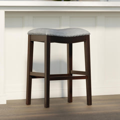 Story H Bar-Height Wood Barstool with Gray Faux-Leather Seat, 1PC
