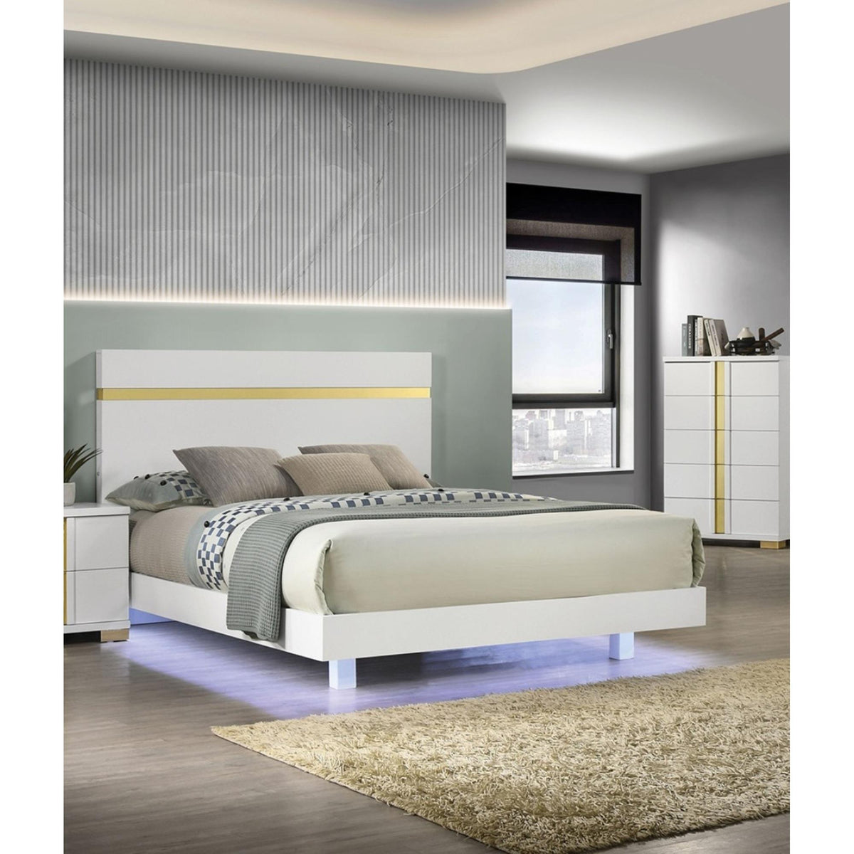 White 1pc Queen Size Bed Underbed LED Modern Bedroom Furniture Acrylic Trim Mattress Ready Bedframe