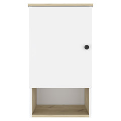 Display Single Door Cabinet 28" H, One Shelf, Two Interior Shelves, Light Oak / White