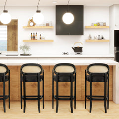 Ares Mid-Century Modern 30.5" Cane Back Bar Stool, Jet Black