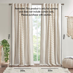 Cotton Printed Curtain Panel with Chenille Stripe and Lining Ivory 50x95"