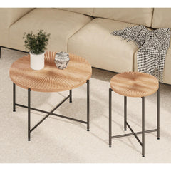 Nebula Pattern 2-Piece Coffee and End Table Set – Waterproof MDF with PVC Cover, Distressed Cylindrical Design, Black Metal Legs – Classic Rustic Charm, Red Cedar-Brown