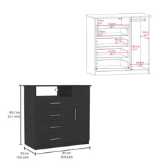 Harmony 4 Drawer Dresser, Single Door Cabinet, One Open Shelf, Superior Top -Black