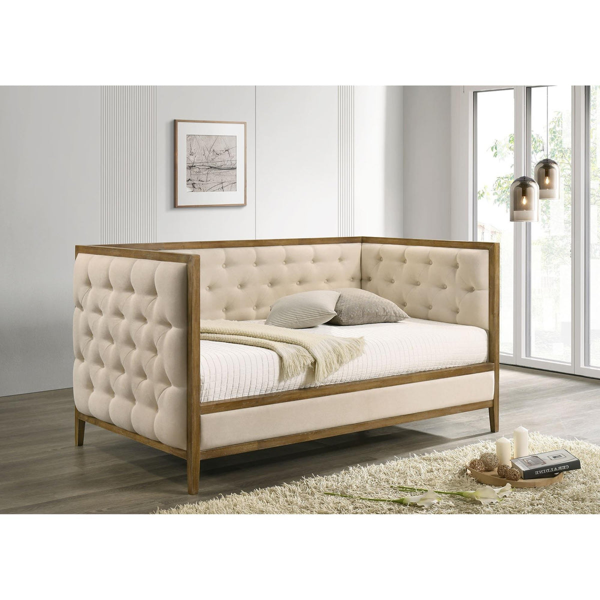 Transitional Style 1pc Twin Size Daybed Diamond Tufting Wood Trim Mattress Ready Natural Oak Finish Primary Living Room