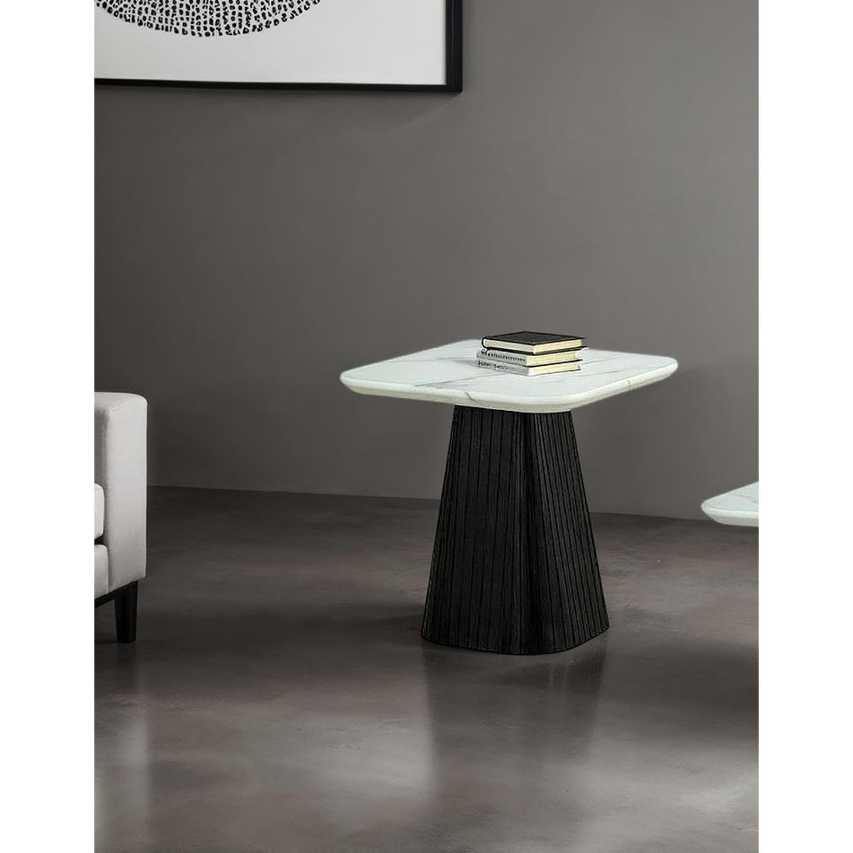 Contemporary Style Square End Table Faux Marble Soft Curved Edges Top Black Finish Primary Living Room