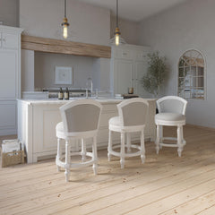 26" Wood Barrel-Back Counter-Height Bar Stool with Swivel and Upholstered Seat and Back, Farmhouse White with Light Gray Seat and Back, 1PC