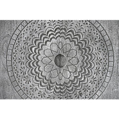 Sun 39 Inch Handcrafted Accent Cabinet with 2 Doors, Medallion Engraved, Sandblasted Gray Mango Wood, Black Iron Framed Stand