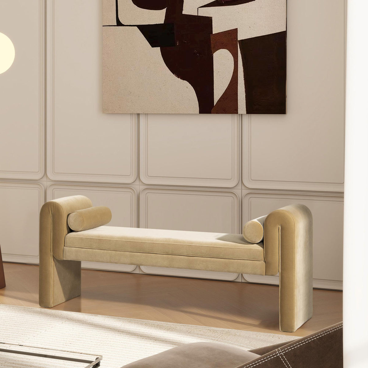 Avalon 60.5" Arched Arm Bench with Bolster Pillows, Camel Brown Beige Performance Velvet