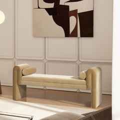 Avalon 60.5" Arched Arm Bench with Bolster Pillows, Camel Brown Beige Performance Velvet