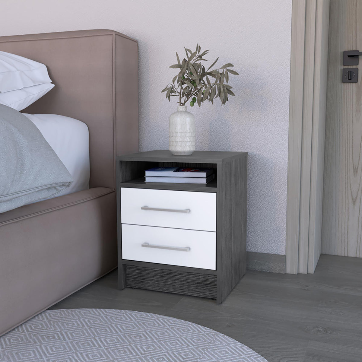 Nightstand Cartiz, Two Drawers, Smokey Oak / White Finish