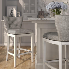 31" Upholstered Bar-Height Swivel Bar Stool with Back, White with Gray Upholstery, 1PC