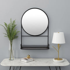 Diary Decorative Wall Mirror, 28 Inch Round Black Metal Frame w Rack