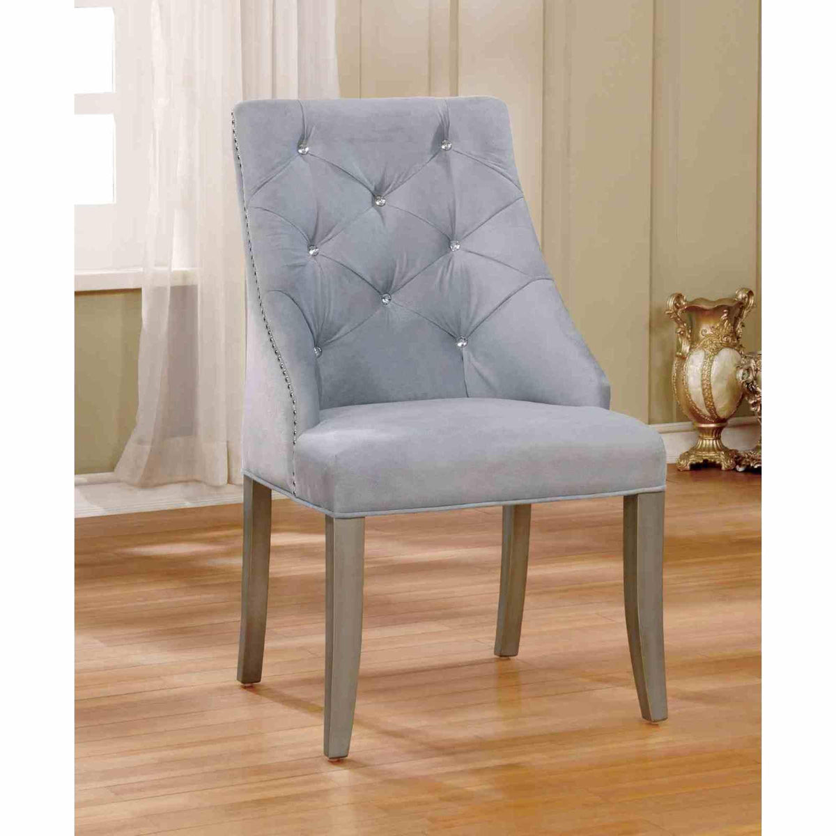 Transitional Style 2pc Side Chair Nailhead Trim Button Tufted Back Silver And Gray Finish Dining Room