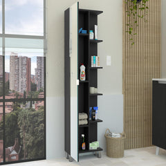 Linen Single Door Cabinet 62" H, Five External Shelves, Four Interior Shelves, Black