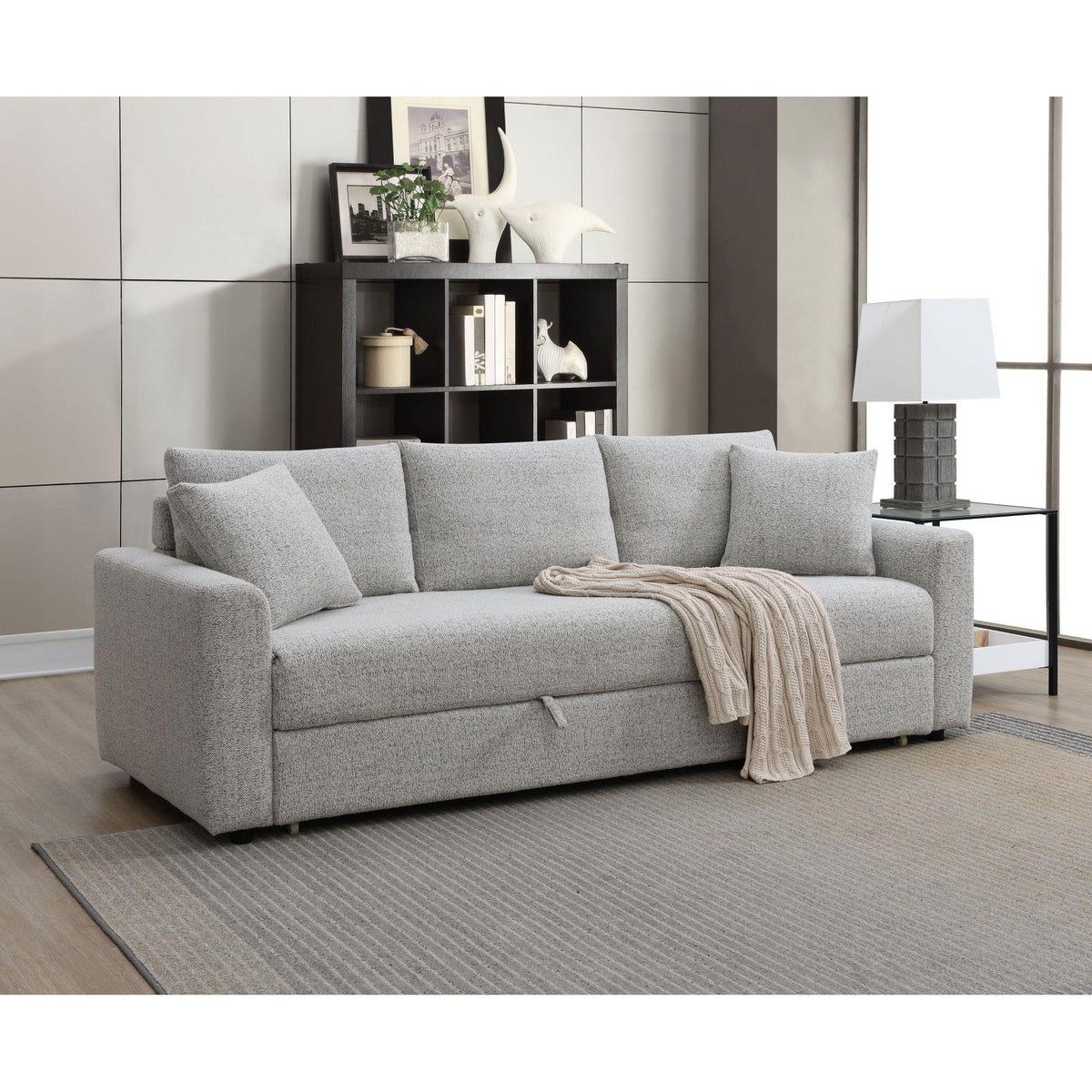 Zenith Beige Boucle Sleeper Sectional Sofa w/ 2 Toss Pillows