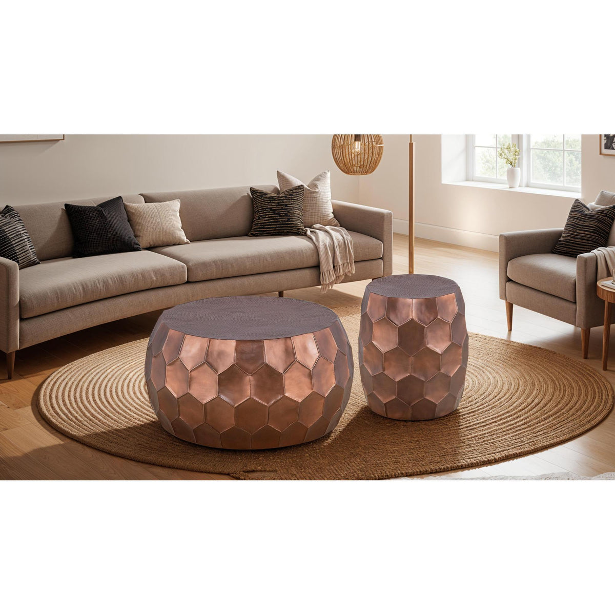 Modern Contemporary Round Aluminum material 32" Coffee Table and 21"Height End Table Set 2PC Tables with Glossy Diamond-Patterned Base Copper