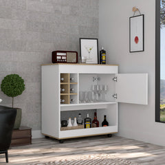 Chronos Bar Cart, Six Bottle Cubbies, One Cabinet, Four Casters, Light Oak / White