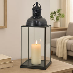 Helen Lantern, Black Metal, Glass Panels, Square Base, 18 Inch Tall
