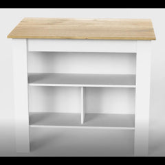 Kitchen Island, kitchen table 35" H, Four Legs, Three Open Storage  Shelves, White / Light Oak