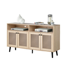 Mid-Century Modern TV Stand Tapered Leg Round Knobs Cabinet Doors Natural Finish Primary Living Room