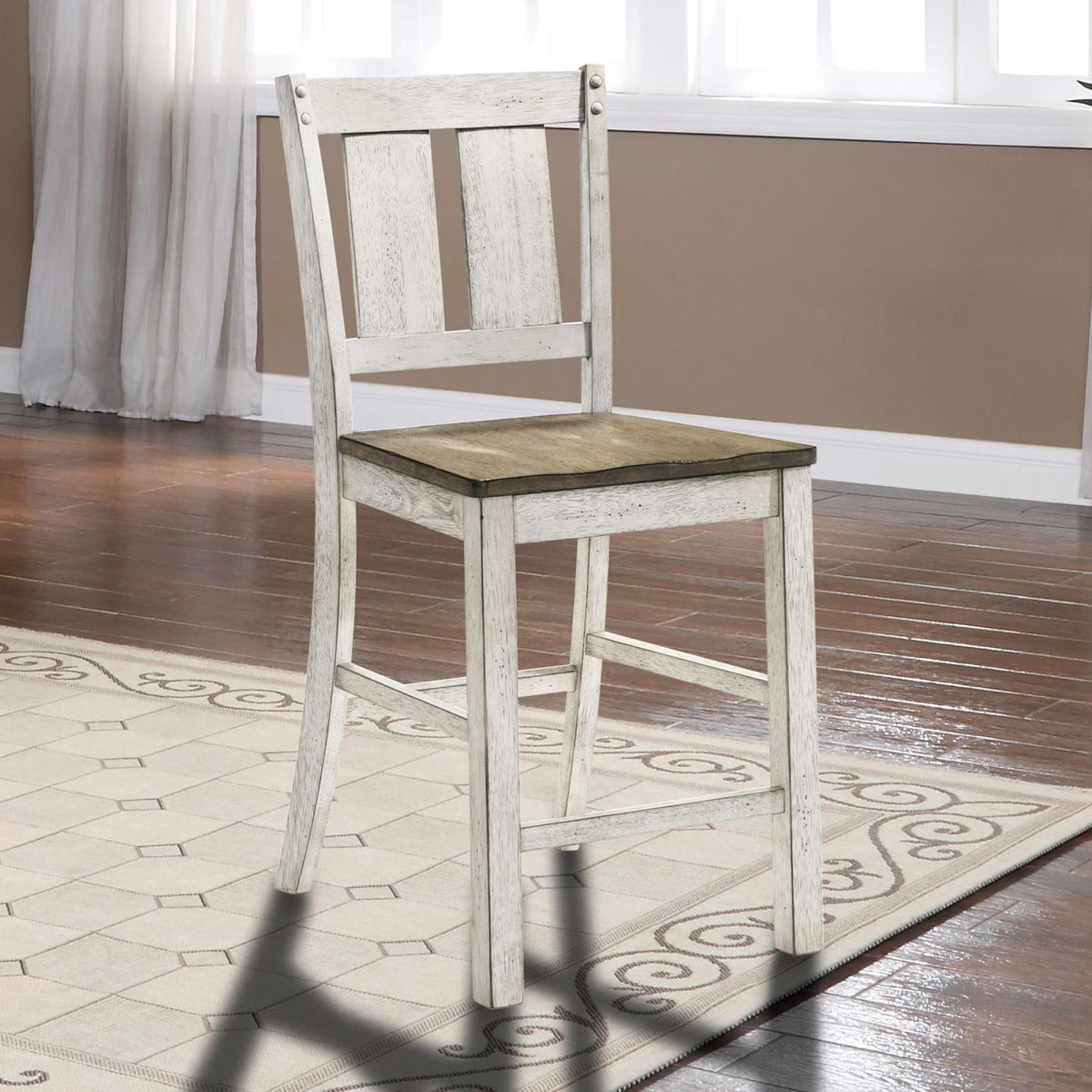 Antique White Finish Solid wood Farmhouse Design Kitchen Set of 2pc Counter Height Dining Chairs Slat Back Chairs Dining Room