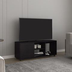Chronos 51" Wide Tv Stand with One Door Cabinet , Four Open Shelves, Cable Management, Living Room, Tv Room Black