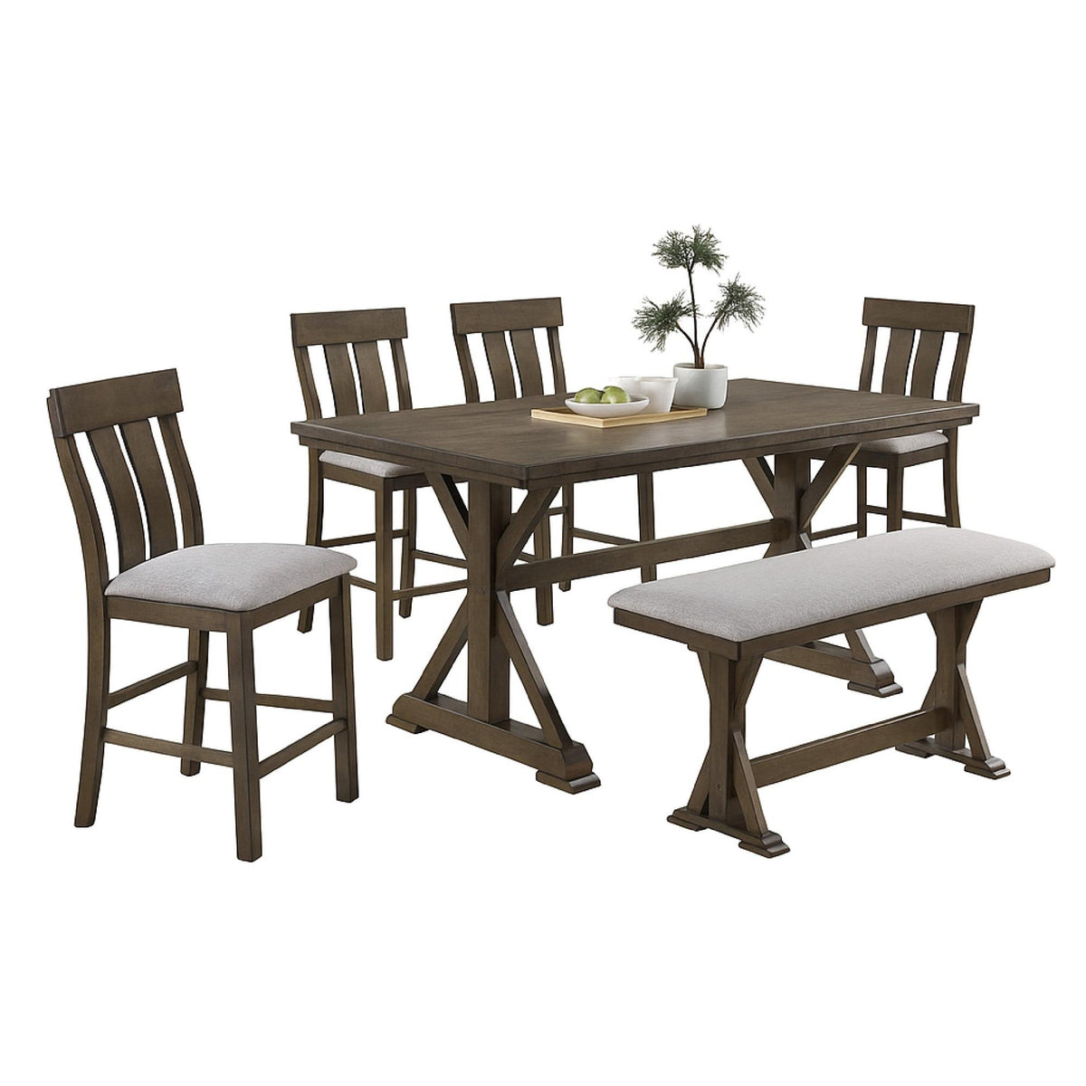 Aphrodite Counter Height Dining Chair Set of 2, Brown Slatted Back, Gray Fabric