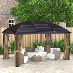 10' x 14' Hardtop Gazebo with Curtains, Netting, Pavilion with Steel Roof Ceiling Hook for Garden Patio, Brown