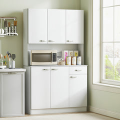 71" Kitchen Pantry Cabinet, Tall Storage Cabinet with Microwave Stand, Buffet with Hutch, 6 Doors, Storage Drawer, 3 Adjustable Shelves for Living Room, Dining Room, White